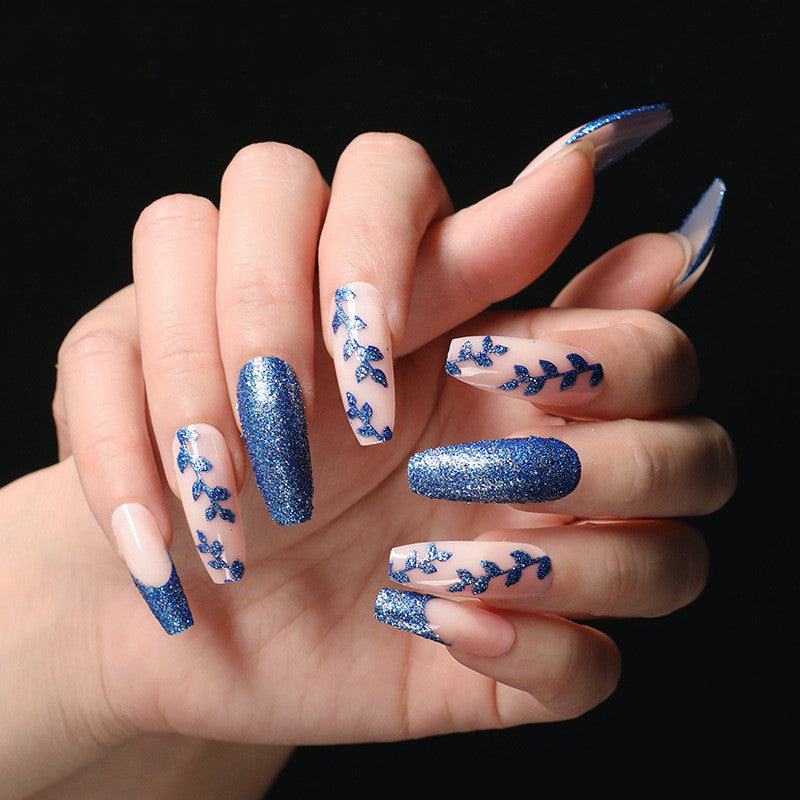 Coffin Nails Set – Blue Onion & Pink French Manicure, Ready-to-Wear Elegance