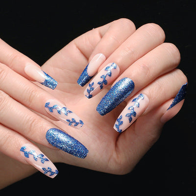 Coffin Nails Set – Blue Onion & Pink French Manicure, Ready-to-Wear Elegance