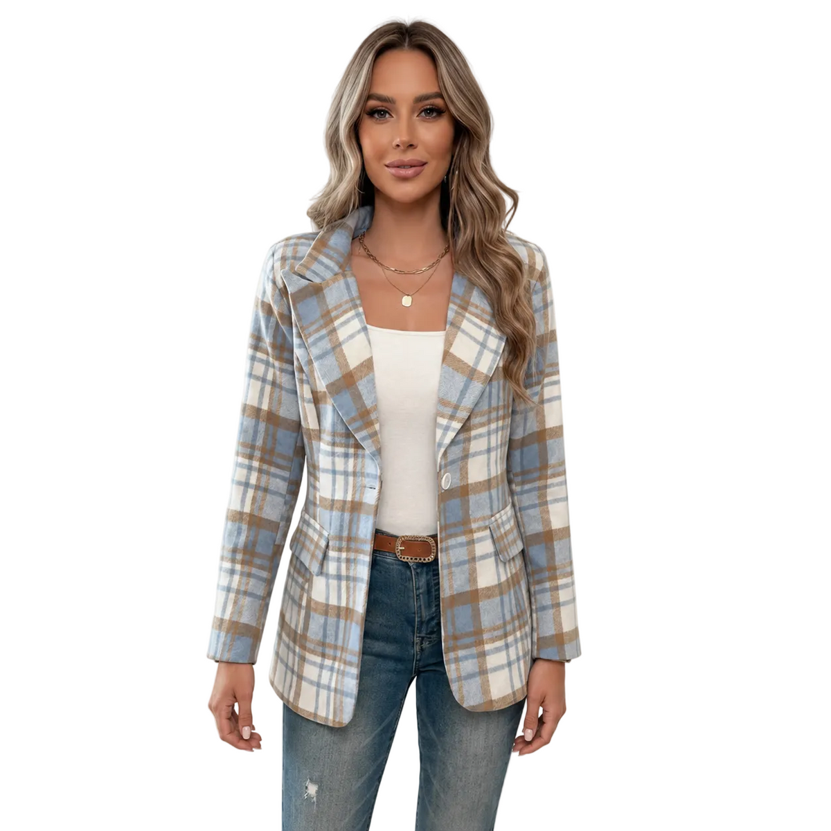 Women's Plaid Button Front Lapel Long Sleeve Blazer