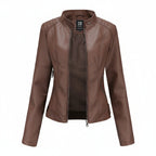Women's Stand Collar Zip-Up PU Leather Jacket