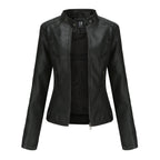 Women's Stand Collar Zip-Up PU Leather Jacket